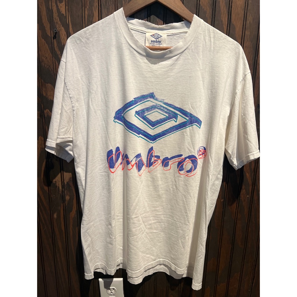 Vintage 90s Umbro Graphic T-Shirt White Single Stitch Made in USA Large Soccer